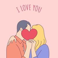Lifestyle concept on Valentine's Day theme. Couple kissing and covering faces with paper heart. Romantic vector illustration on love story theme.