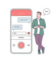 Voice recognition, speech recognition concept. Man boy holding smartphone talk with friend on loud speaker having pleasant conversation vector