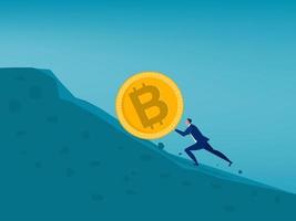 Businessman pushes bitcoin up a hill. Bitcoin price rising. Business concept vector