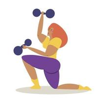 The girl is engaged in sports. A female sports coach with dumbbells in her hands shakes her muscles. Vector flat illustration