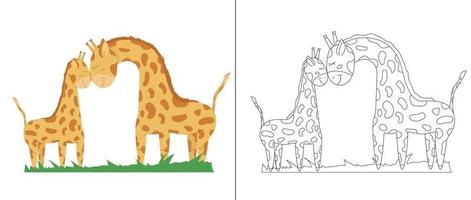 Outline illustration of a mother giraffe and a baby giraffe for coloring on the right side and such an illustration in color on the left side. Children's illustration for coloring. vector