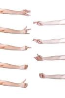 Set of hands with different gestures on white background photo