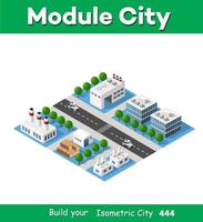 Landscape of industrial objects plant, factories, parking lots and warehouses. Isometric top view the city with streets, buildings and trees. Town construction industry vector