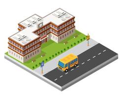 School isometric building study education urban infrastructure for conceptual design vector illustration with houses and streets.