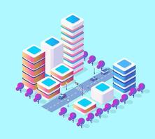 Isometric 3d module block district part of the city with a street road from the urban infrastructure of vector architecture. Modern white illustration for game design