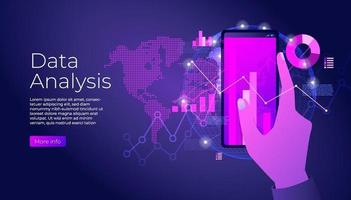 Data analysis on smartphone with line chart and graphs. Hand holds phone. Design infographic, statistics on screen banner. vector