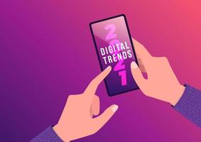 Hand holding mobile with Digital Trends 2021 on screen. New trends digital marketing, business and technology concept. vector