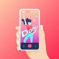 Hand holding smartphone recording a dance video in the application. vector