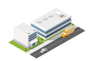 Isometric 3d module block district part of the city with a street road from the urban infrastructure of vector architecture. Modern white illustration for game design