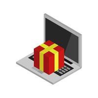 comprando regalos en línea en una computadora portátil isométrica vector