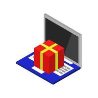 comprando regalos en línea en una computadora portátil isométrica vector