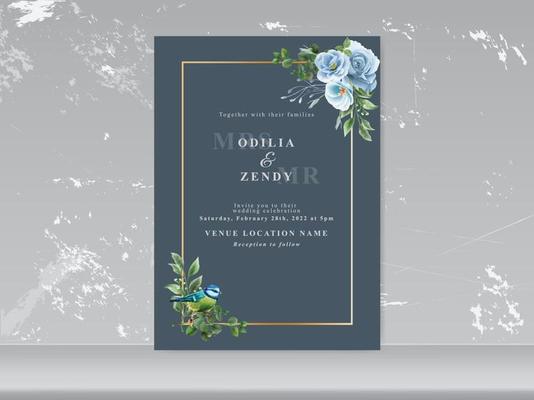 wedding card set blue floral and bird