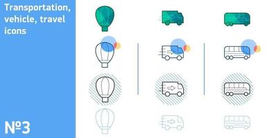 This is a set of balloon and truck and bus icons in different style vector