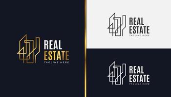 Gold Real Estate Logo with Line Style. Construction, Architecture or Building Logo Design Template vector