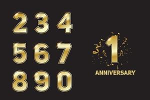 Celebración del aniversario de 10 años número de oro 10 con confeti brillante vector