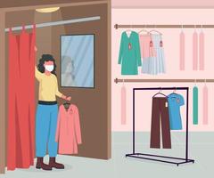 Clothing shop during epidemic flat color vector illustration