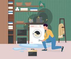 Fixing broken washing machine flat color vector illustration