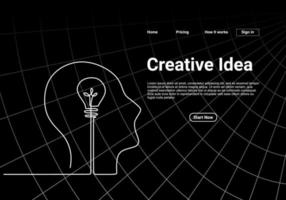 Continuous one line drawing of head with a bulb lamp for website landing page. Think big, point to idea concept minimal design isolated on black background. vector