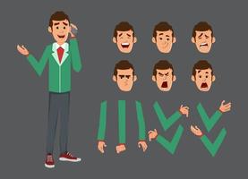 lindo personaje de empresario para animación o movimiento con diferentes emociones faciales y manos. vector