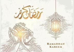 Ramadan Kareem greeting card with golden lantern sketch and praying hand vector