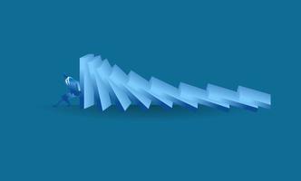 businessman tried to stop domino effect flat illustration about hard work and pressure for presentation vector