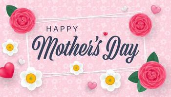 tarjeta de felicitación del día de la madre con hermosas rosas y flores de narciso y pequeños corazones 3d. vector ilustración aislada