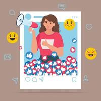 Influencer de las redes sociales. mujer joven en el marco del perfil social y los iconos de emoji. ilustración vectorial en estilo plano vector