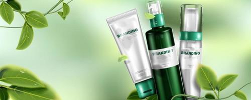 Natural skin care product. Package design and leaves with bokeh background. vector