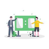 Flat vector illustration of the coach training a soccer player