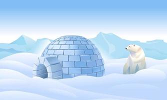 Igloo and polar bear in the north vector