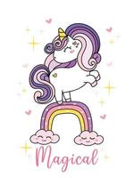 lindo unicornio mágico púrpura en arco iris, ilustración de vector de dibujos animados de contorno de doodle simple