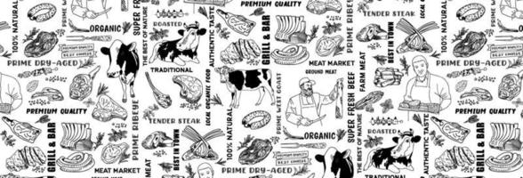 Hand drawn Meat products pattern. Vintage design template, banner. Vector.
