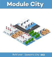 Landscape of industrial objects plant, factories, parking lots and warehouses. Isometric top view the city with streets, buildings and trees. Town construction industry vector