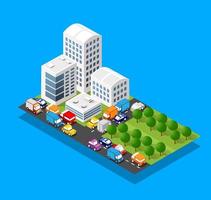 Isometric 3d module block district part of the city with a street road from the urban infrastructure of vector architecture. Modern white illustration for game design