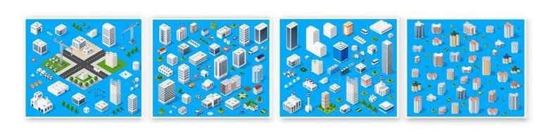 isométrico conjunto 3d módulo bloque distrito parte de la ciudad con una calle de la infraestructura urbana de arquitectura vectorial. Ilustración blanca moderna para el diseño de juegos y el conocimiento empresarial vector