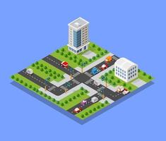 Isometric 3d module block district part of the city with a street road from the urban infrastructure of vector architecture. Modern white illustration for game design