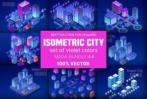 La ciudad isométrica ultravioleta establece la ciudad del distrito del bloque del módulo 3d con una calle que construye un rascacielos de la infraestructura urbana de la arquitectura vectorial. ilustración brillante moderna para el diseño de juegos vector