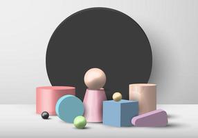 Set of 3D geometric object pastel color display on black circle backdrop and white background vector