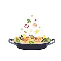 Spanish paella with seafood in a frying pan vector