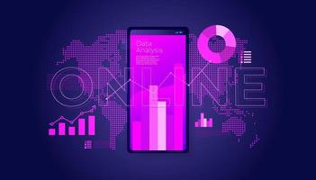 Online data analysis on smartphone with line chart and graphs. vector