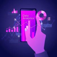 Hand holding mobile with futuristic hi-tech technology concept. Digital data analytics on smartphone with line chart and graphs. vector