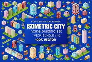 Isometric set building houses icons of blocks module of areas of the city construction, and designing of the perspective urban of design of the architecture environment vector