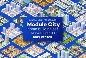 Isometric set architecture design houses buildings transportation of blocks module of areas of the city construction, and designing of the perspective apartment of business of the urban environment vector
