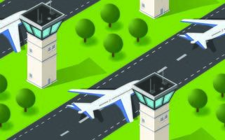 Seamless pattern Isometric 3D city airport with transport aircraft and the runway vector