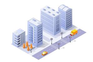 Isometric 3d module block district part of the city with a street road from the urban infrastructure of vector architecture. Modern white illustration for game design