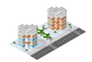 Distrito isométrico del bloque del módulo 3d parte de la ciudad con una calle de la infraestructura urbana de la arquitectura del vector. ilustración moderna en blanco para el diseño de juegos vector