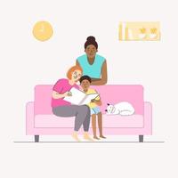 Happy moment of lesbian couple with child sitting on sofa at home. vector