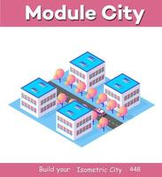 Isometric 3d module block district part of the city with a street road from the urban infrastructure of vector architecture. Modern white illustration for game design