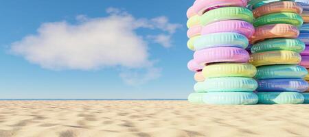 Tower of inflatable rings on the beach, 3d render photo