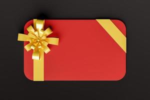 Tarjeta de regalo roja con cinta dorada sobre fondo negro, render 3d foto